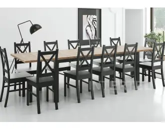 Duży 12 osobowy zestaw do  jadalni: stół SZTOKHOLM 90x200-300 i drewniane czarne krzesła SKANDI