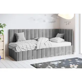 DENIS SM 02 narożne, jednoosobowe łóżko tapicerowane 120x200  pojemnik, stelaż metalowy, wysokie oparcie i zagłowie pionowe przeszycia
