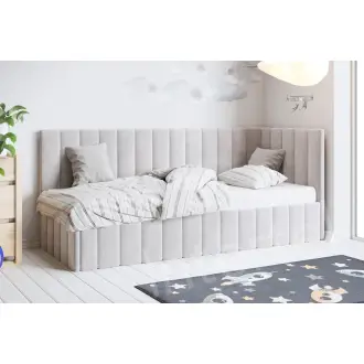DENIS SM 02 narożne, pojedyncze łóżko tapicerowane 100x200  pojemnik, stelaż metalowy, wysokie oparcie i zagłowie pionowe przeszycia