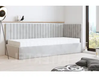 OD RĘKI ! CARLOS SM 02 narożne, pojedyncze łóżko tapicerowane 100x200 w tkaninie Riviera 82 popiel, pojemnik, stelaż metalowy, prawe